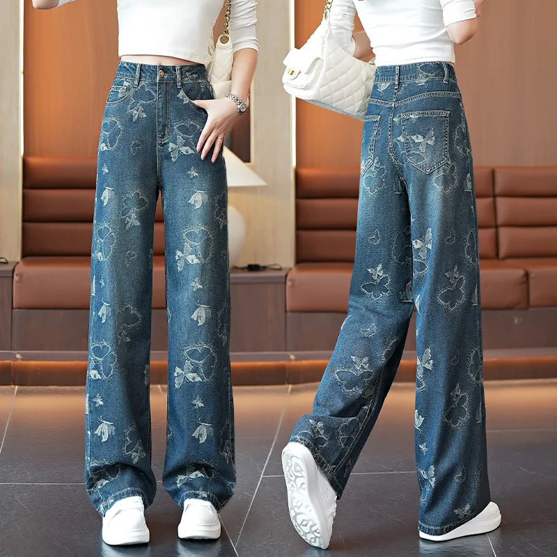 Damskie spodnie jeansowe z wysokim stanem i szerokimi nogawkami, jesienne, nowy amerykański styl, wąskie szerokie nogawki, żakardowe spodnie jeansowe w motyle, proste spodnie dżinsowe.