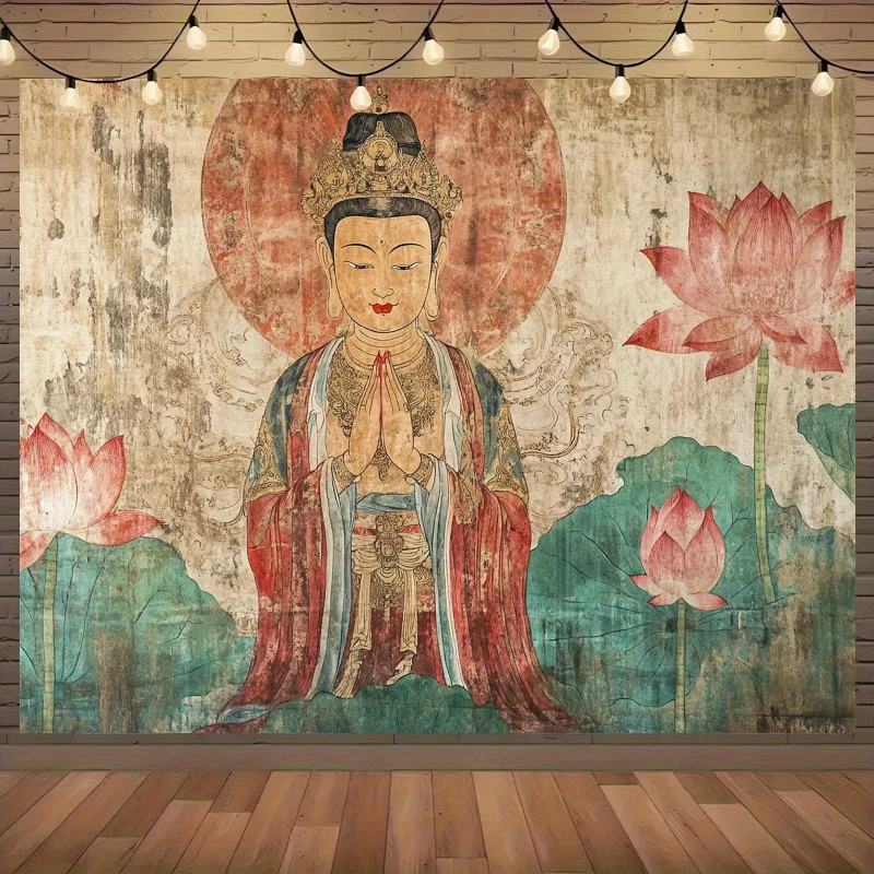 

Ретро-гобелен VIKAMA с изображением Будды Гуаньинь, старинный лотос, для буддийского холла, чайной, гостиной, прихожей, декор