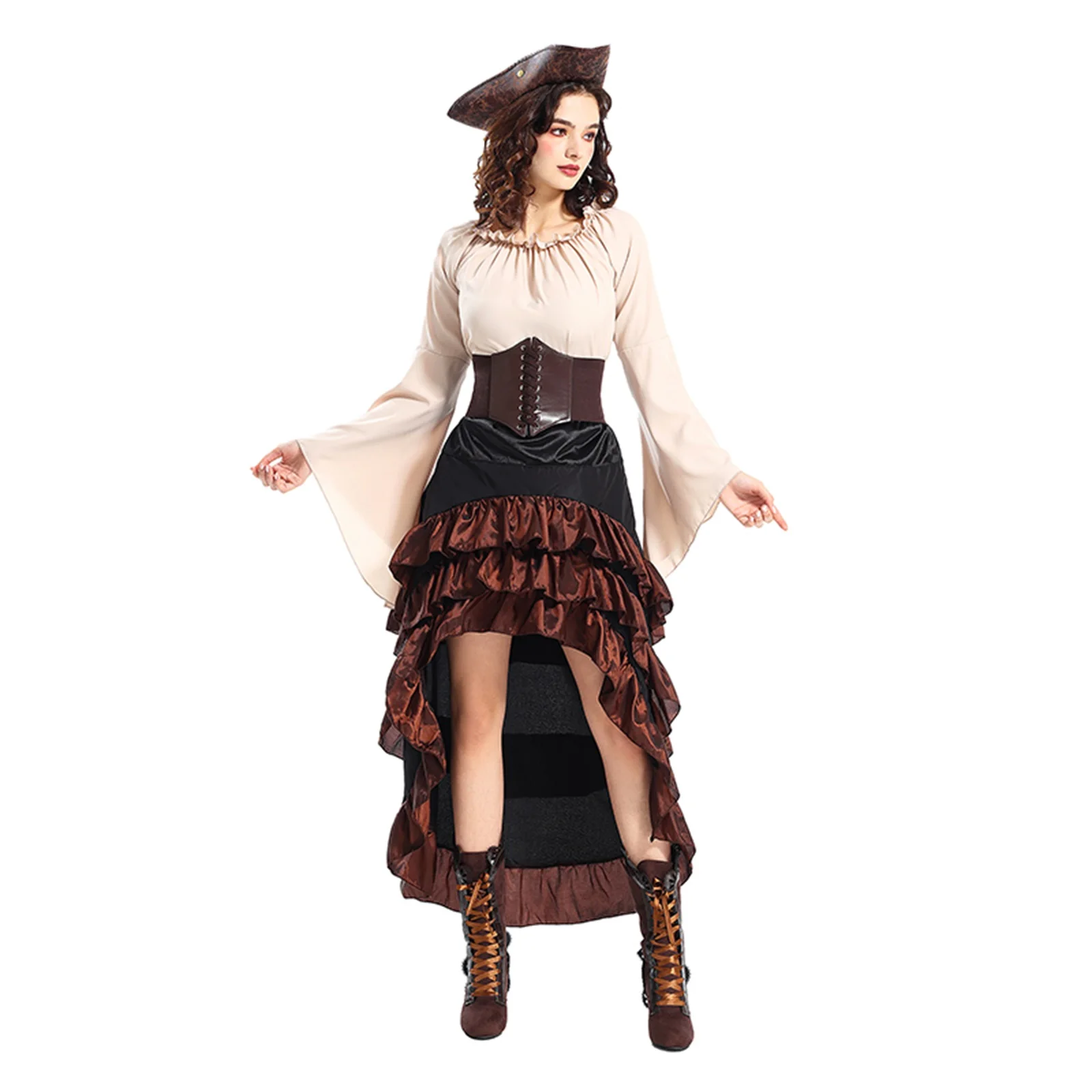 

Women Halloween Pirate Costume Flared Sleeves Top Ruffled Skirt Hat and Corset Belt Set for Cosplay Party Outfits