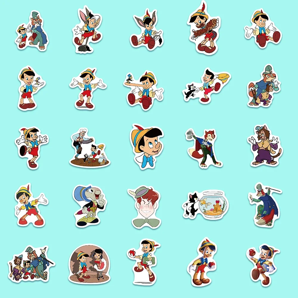 50pcs Disney Cartoon The Adventures of Pinocchio Stickers Anime DIY Scrapbooking Luggage Laptop Cute Sticker for Kids Toy