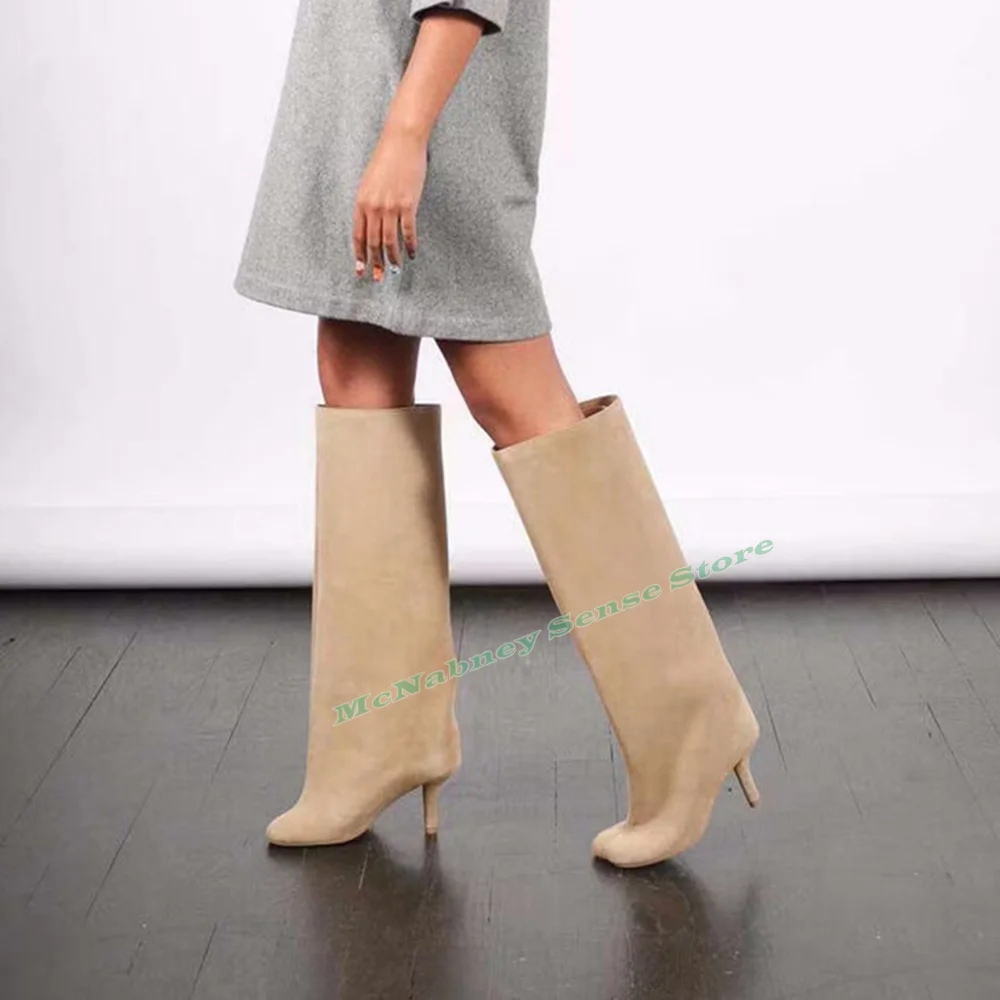

Frosted Retro Trouser Boots Square Toe Knee High Solid Suede Boots Women Sexy Designer WInter Shoes Slip On Thin Med Heels New