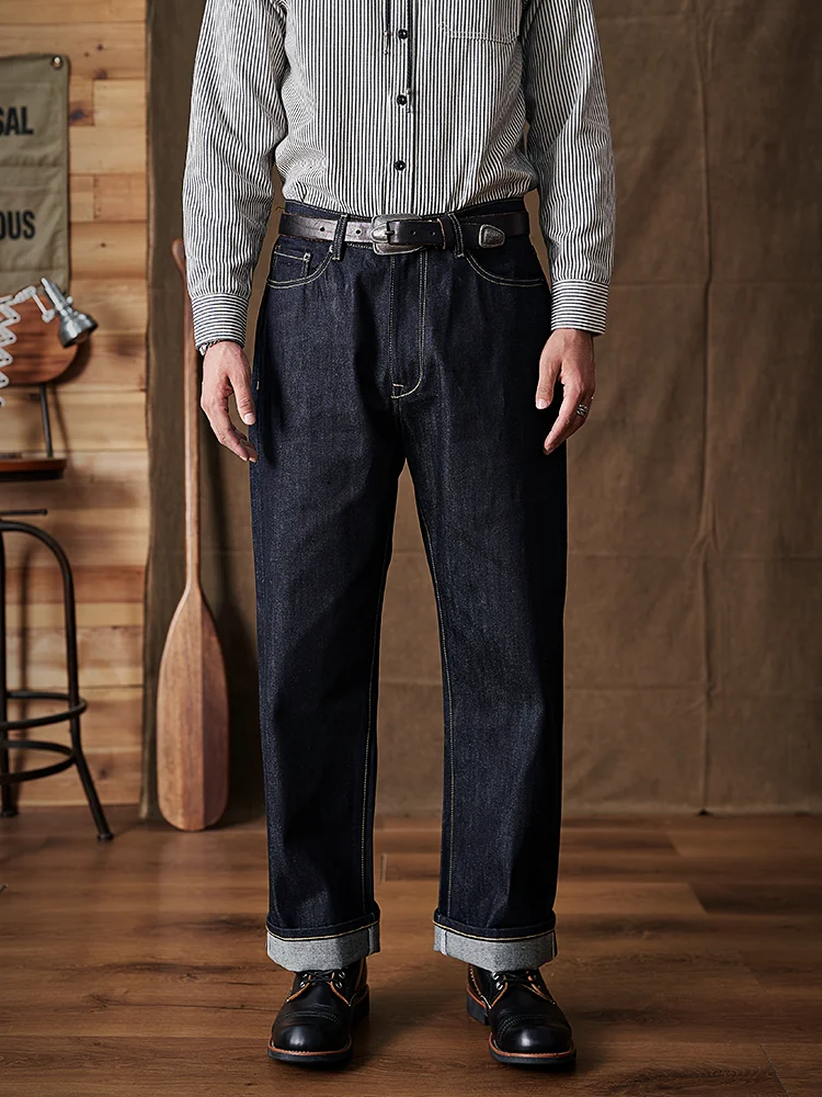 

Retro American Deep Blue Original Cowhide Heavyweight Straight Leg Jeans Men's Loose Wide Leg Long Trousers Workwear
