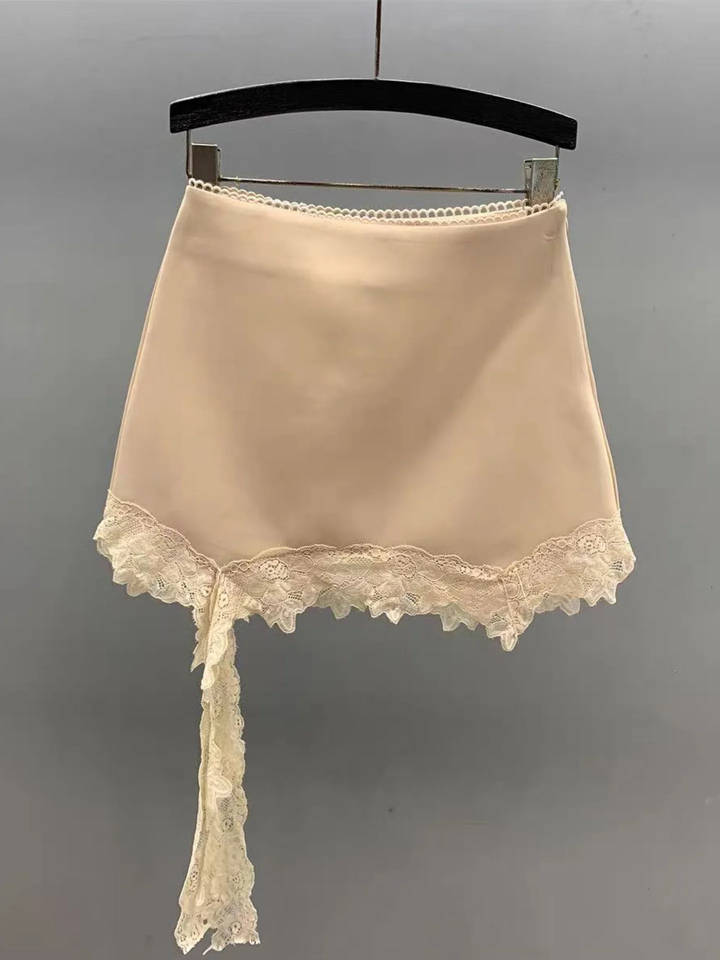 Elegant Lace Trim A-Line  Skirt Women's High Waist Asymmetrical Korean Style Sweet Girl Spring Autumn Seasonal Skirt