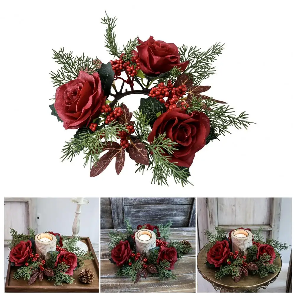 Maple Leaf Candle Garland Handmade Crimson Rose Candle Ring Wreath for Christmas Wedding Table Decor Artificial Flower for Home