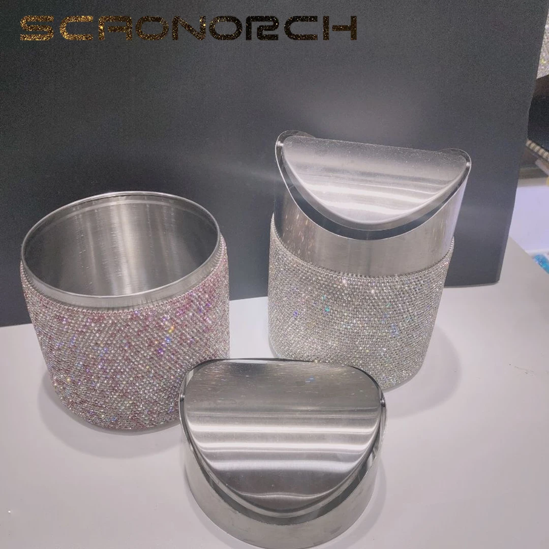 Bling Rhinestone Desktop Snack Trash Can Diamond Metal Lid Swing Mini Trash Bin Car Table Trash Bucket Garbage Bin Home Decor