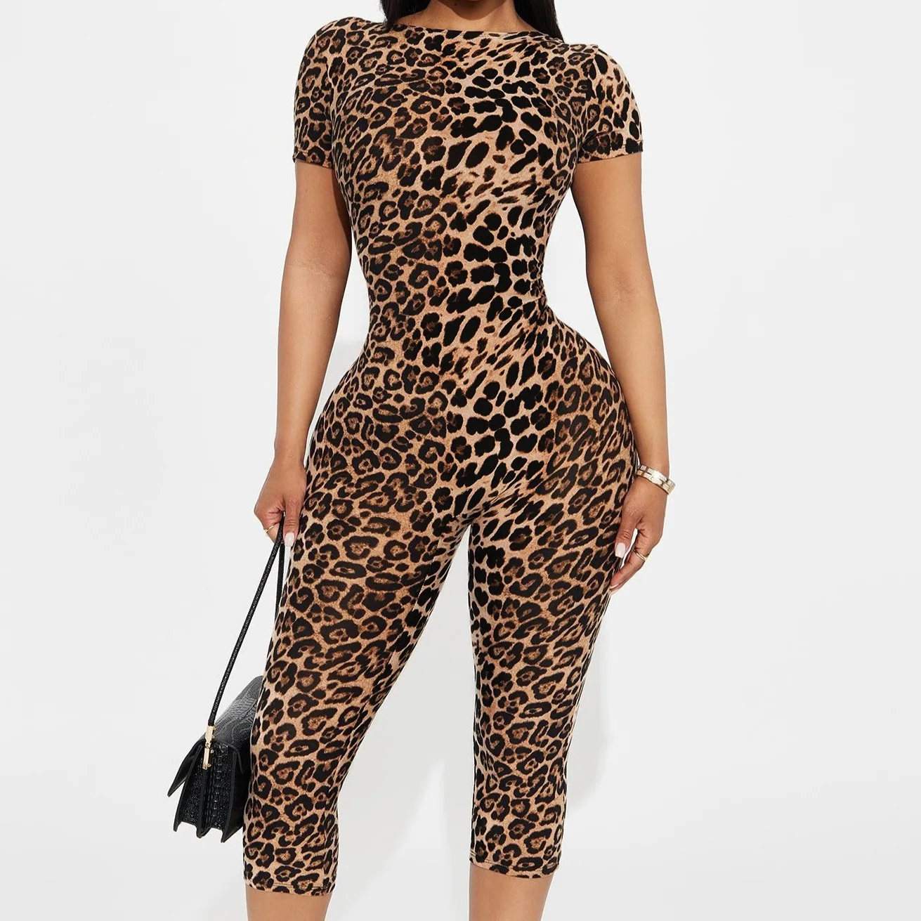Custom LOGO women's clothing 2025 summer new leopard print short-sleeved backless slim-fitting fashion jumpsuit