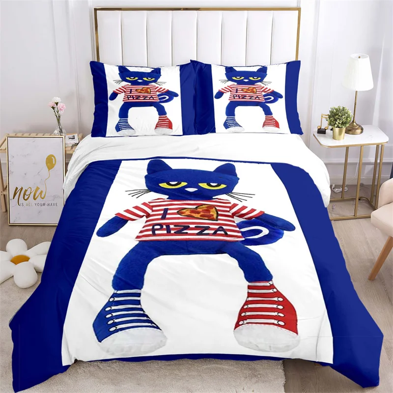 

Pete The Cat Pizza Party Blue White Kitty Cartoon Children Duvet Cover Set Printed Bedding Set Double Queen King Size 2/3pcs