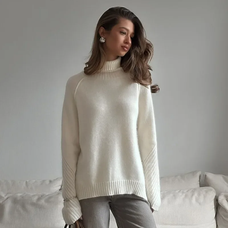 

White High Neck Sweater New Loose Casual Women Pullover 2025 Autumn Commuter Basic Solid Ladies Sweater Female Outfits