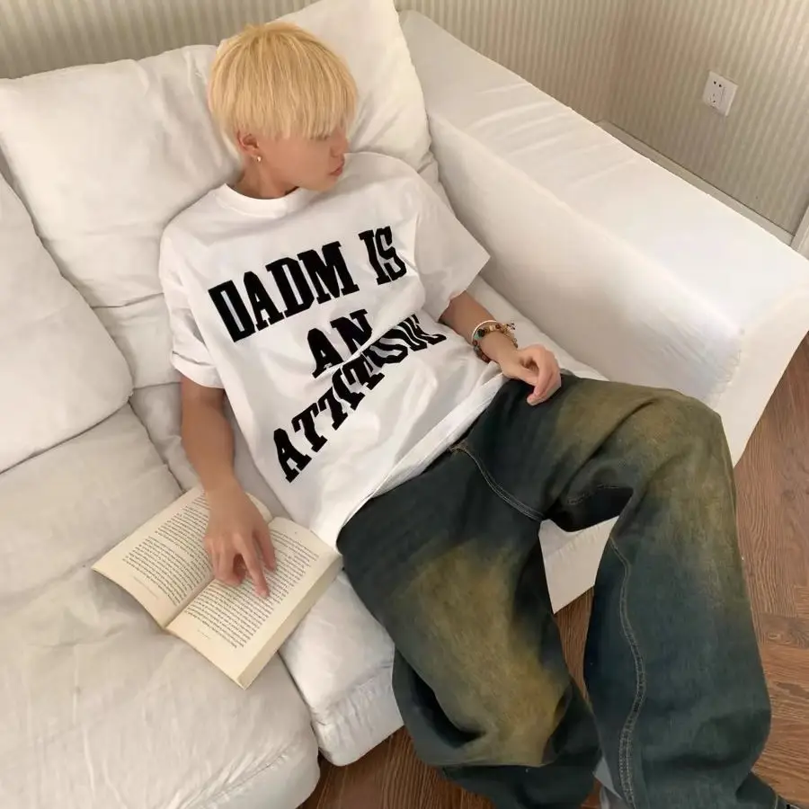 

2024 Summer Korean Retro Simple Letter Print T Shirt Men's Retro Street Y2K Personalized Popular Oversized T Shirt Tops