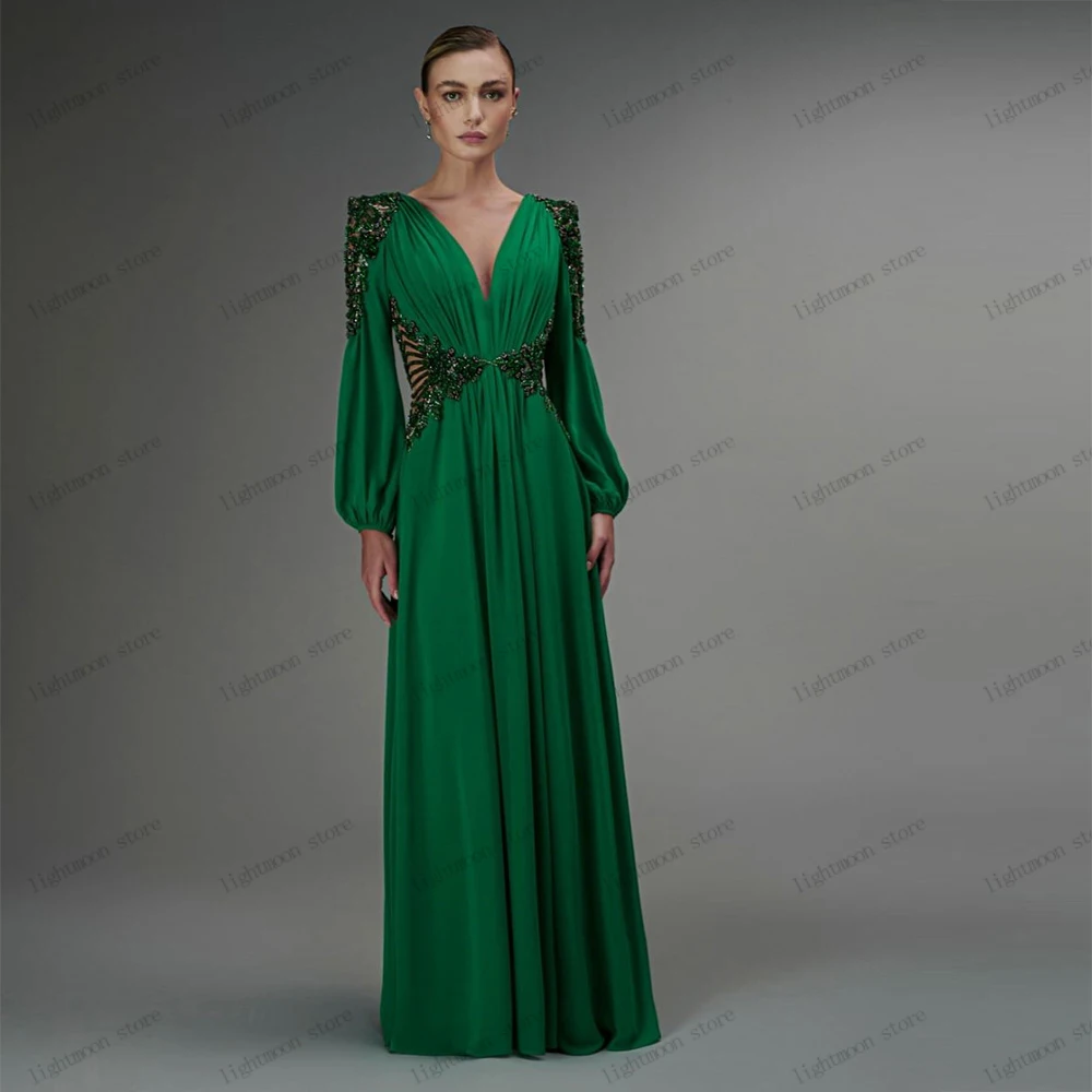 Modest Evening Dresses A-Line V-Neck Prom Dress Long Puff Sleeves Ball Gowns Floor Length Robes For Party 2024 Vestidos De Gala