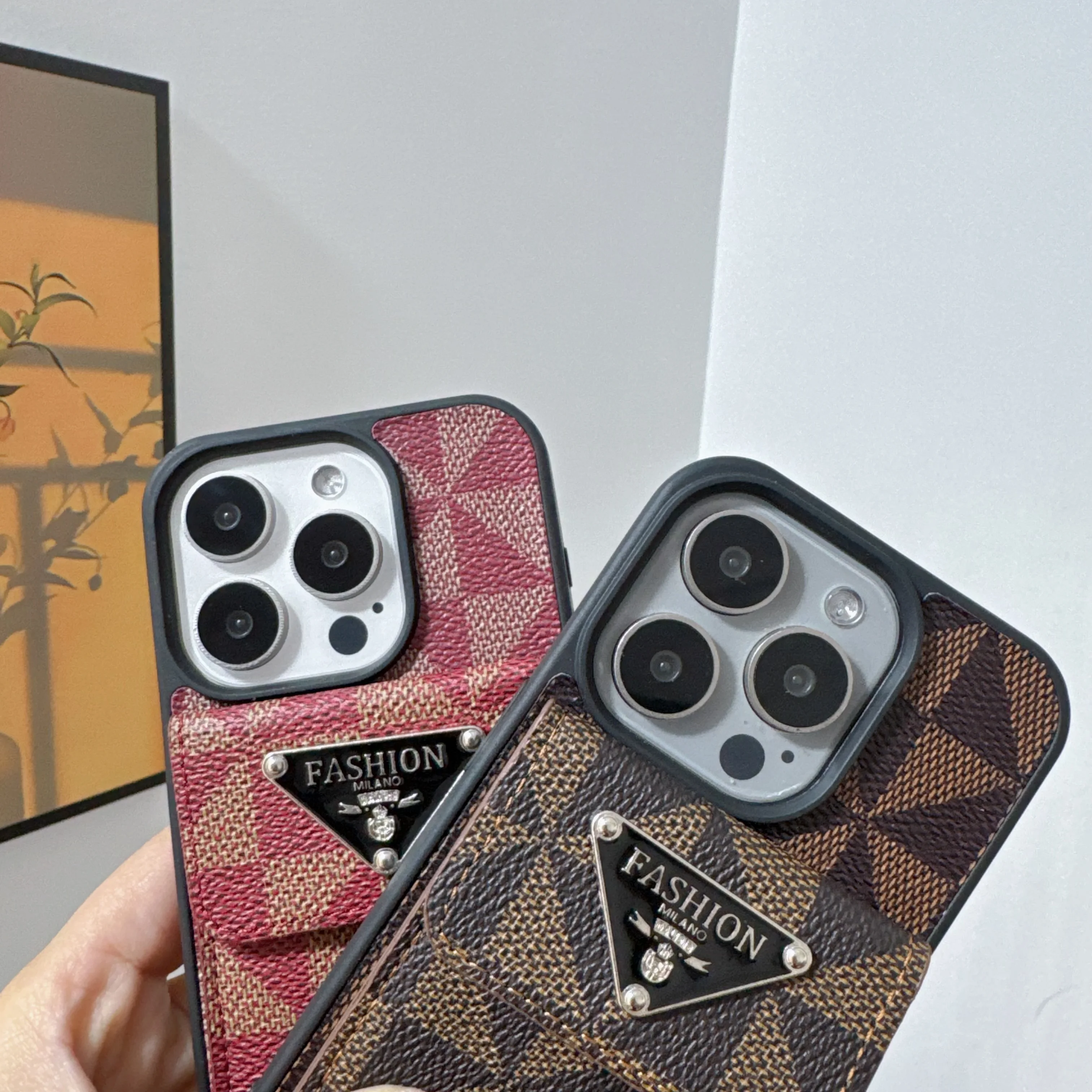 Luxury triangle Card package PU leather Case for iPhone 16 15 14 Phone Cover 15 14 13 12 11 Pro MAX Hard Shockproof Back Funda
