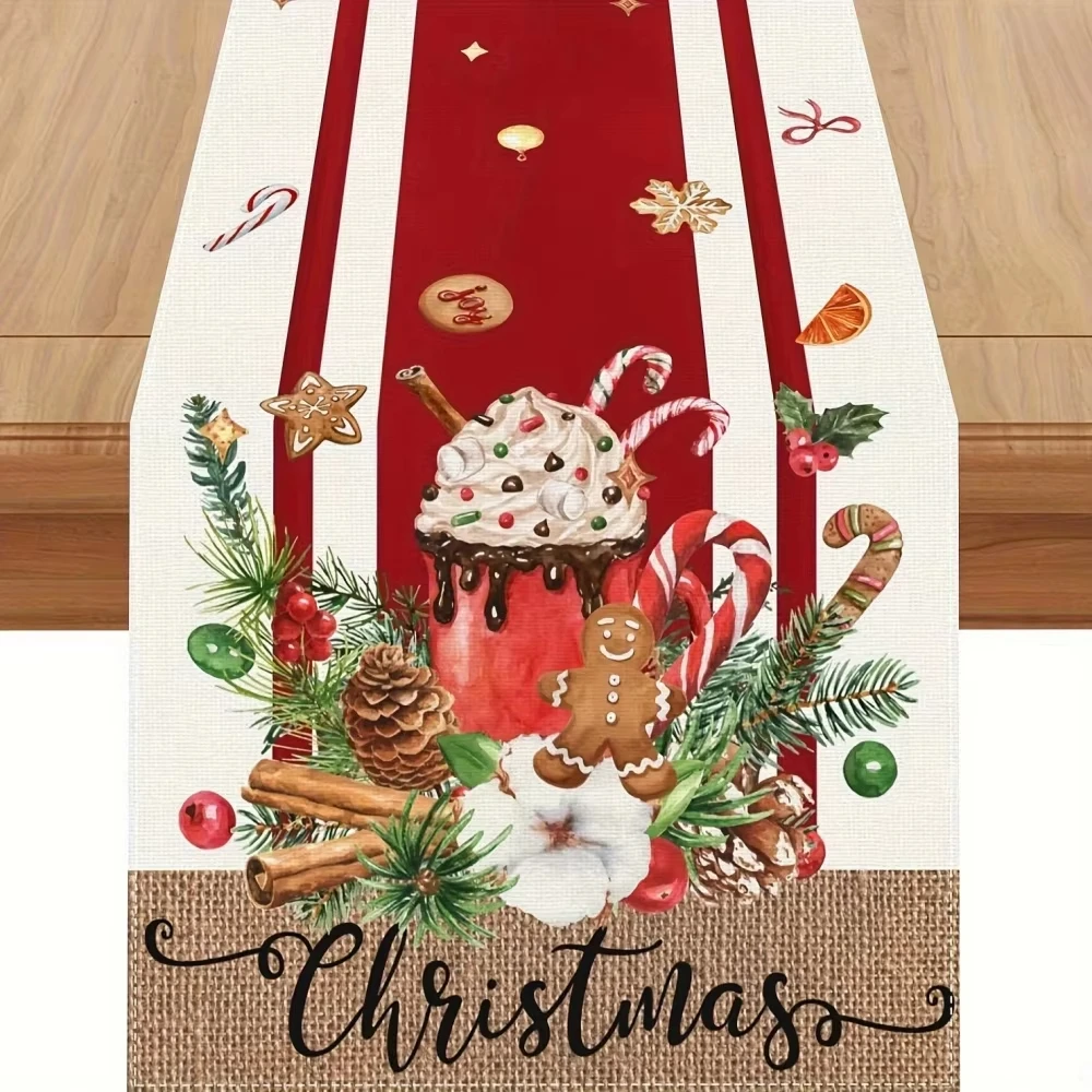 

1 шт. Пряничная рождественская скатерть - праздничный декор с плоским принтом, пряничные мужчины, трости для конфет и горячего шоколада