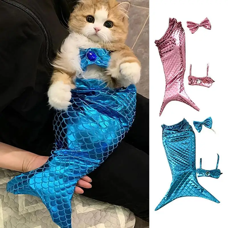 Cute Mermaid Pet Skirt Creative Halloween Pet Dressing Cat Dress Costume Dog Cosplay Costume with Bow Headband and Halter Neck