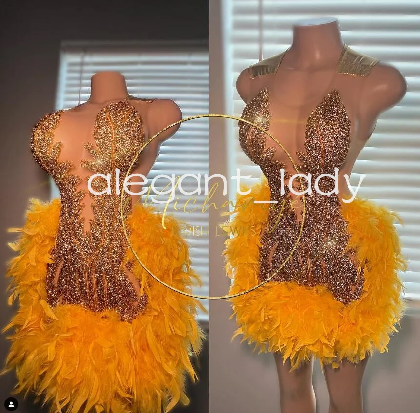 Orange Gold Short Prom Homecoming Dresses for Black Girl Sparkly customsized Diamond Crystal Feather Birthday Party Gala Dress