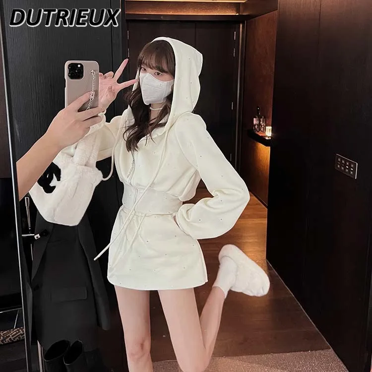 Korean Style Rhinestone Younger Hoodie Sweatshirt Suit Women\'s Autumn Slimming Design Short Skirt Two-Piece Set Outfits