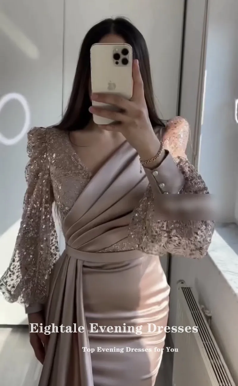 Eightale vestido de noite para festa de casamento com decote em v personalizado glitter mangas compridas inchadas sereia cetim árabe celebridade