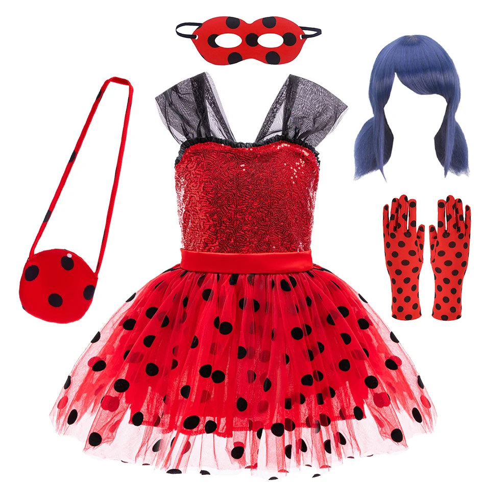 Disfraz de escarabajo pequeño para niños, disfraz de Marinette para Halloween, fiesta de fantasía de Navidad para niña, vestido rojo, máscara, trajes, regalo de cumpleaños