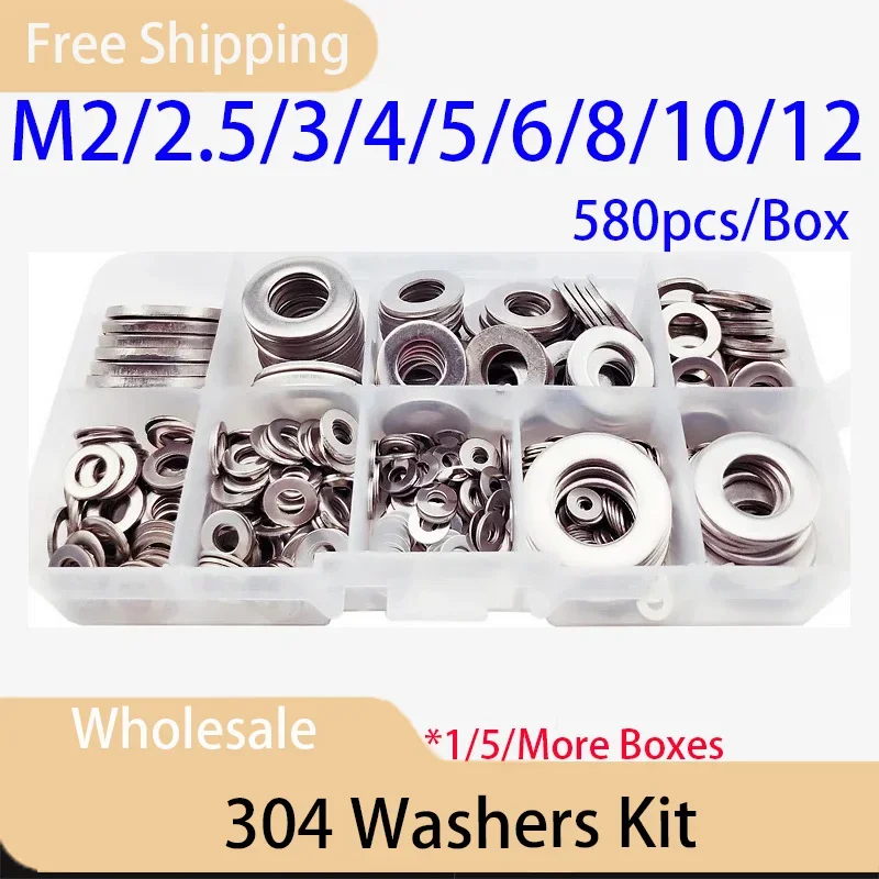 

580pcs/Box 304 Stainless Steel Washers Plain Washers Gaskets Metal Washer Fasteners Kit M2 M2.5 M3 M4 M5 M6 M8 M10 M12