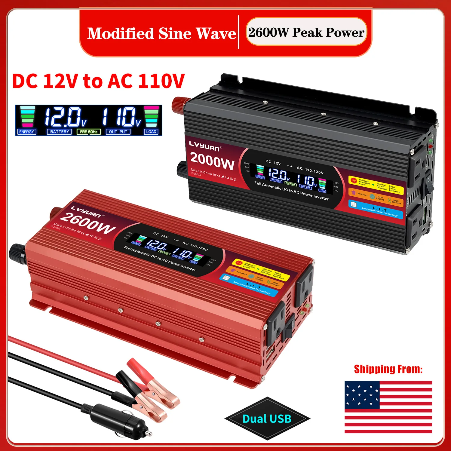 

1500W 2000W 2600W 12V TO 110V DC Power Inverter Modified Sine Wave Car Voltage Converter Dual USB Charging For Laptop US Socket
