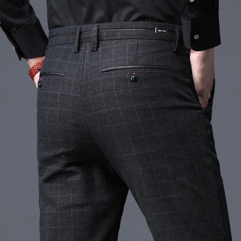 2024 Autumn New Men's Slim Plaid Casual Pants Fashion Soft Stretch Business Work Trousers Gentleman Brand Clothes Black Blue