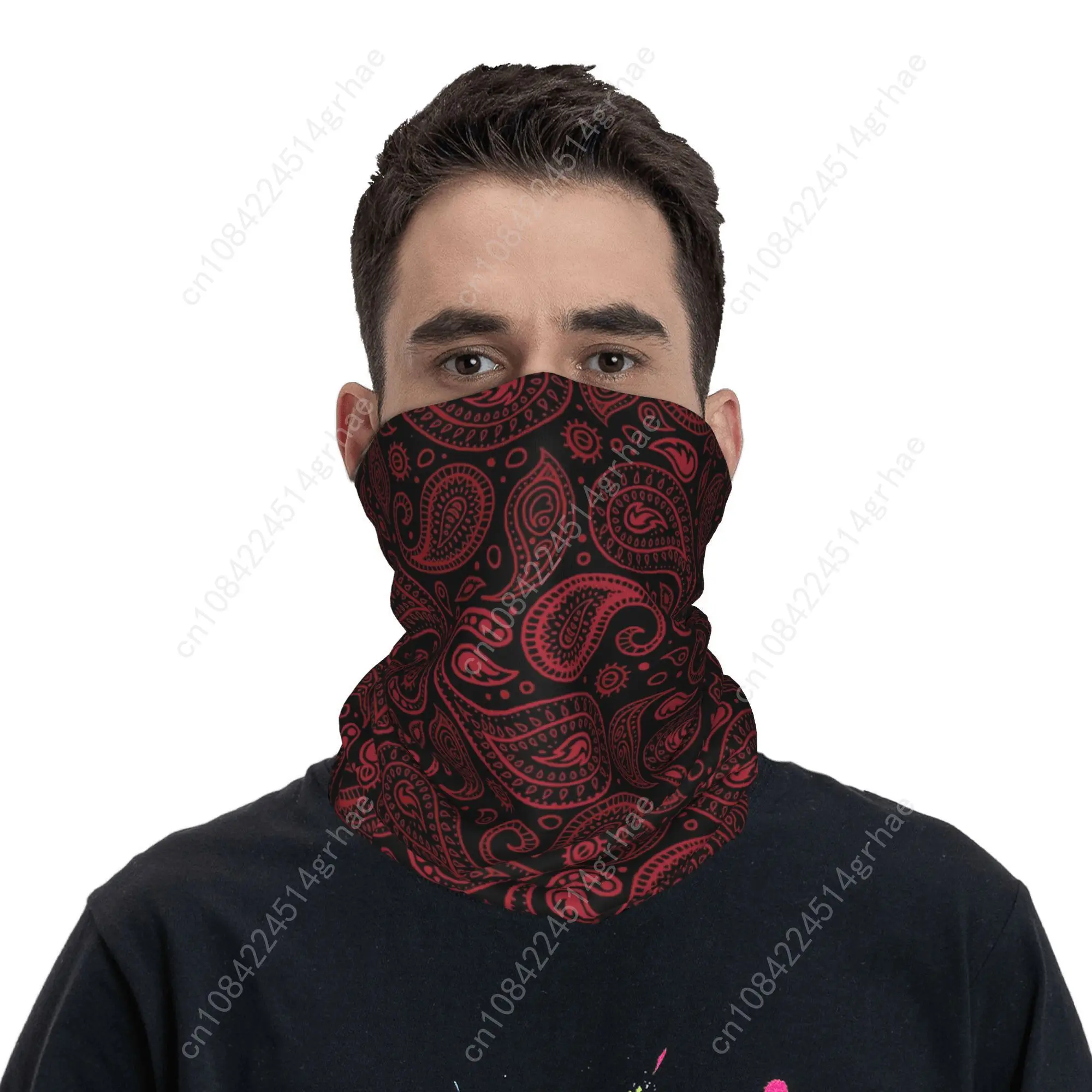 Custom RED Paisley Art Bandana Neck Gaiter UV Protection Face Scarf Cover Women Men  Headband Tube Balaclava