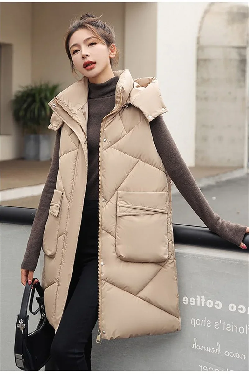 Women Long Hooded Warm Vest Women Solid Detachable Hat Waistcoat Sleeveless Jacket Parka Coats Female Down Cotton Vests B371