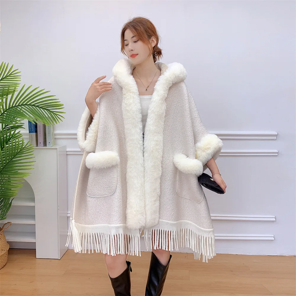 Winter Faux Fur Poncho Cape with Hood Thick Knit Streetwear Coat