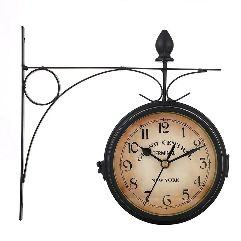 Double Sided Train Station Waterproof Wall Clock For Garden Retro Wrought Iron Metal Wall Clock Silent Indoor Outdoor Decoration