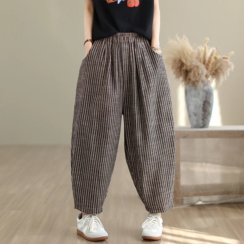 Pantaloni casual larghi da donna a vita alta a nove punti effetto dimagrante pantaloni Harem in misto cotone poliestere pantaloni lunghi larghi a righe