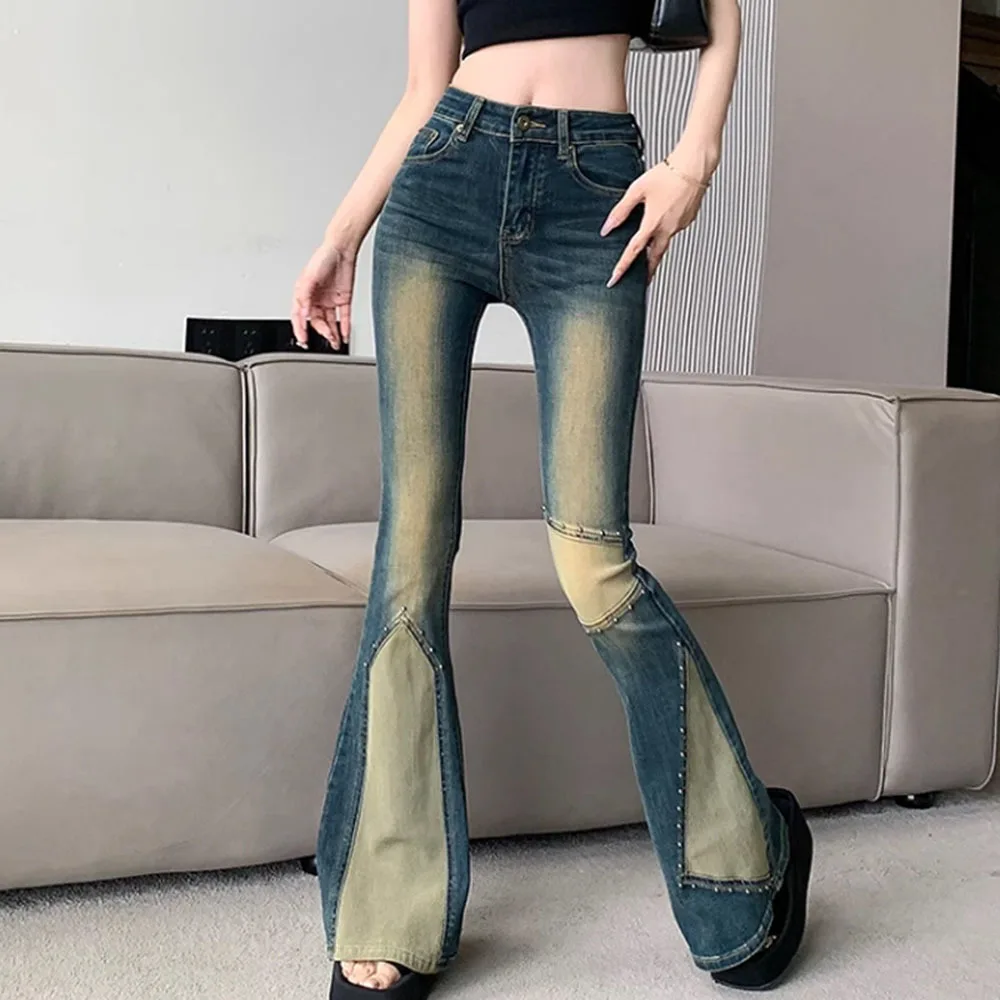 Women's Flare Jeans 2024 Spring Autumn New American Retro Washed Denim Pants Female High Waist Fashion Rivet Slim Trousers Lady