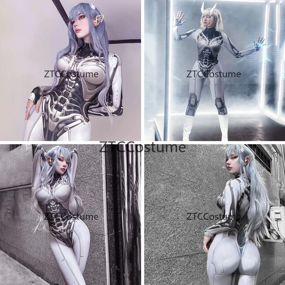 

3D Printed Cosplay Bodysuit Y2k Techwear Gothic Punk Playsuit Anime Women Mock Neck Zip Long Sleeve Jumpsuit