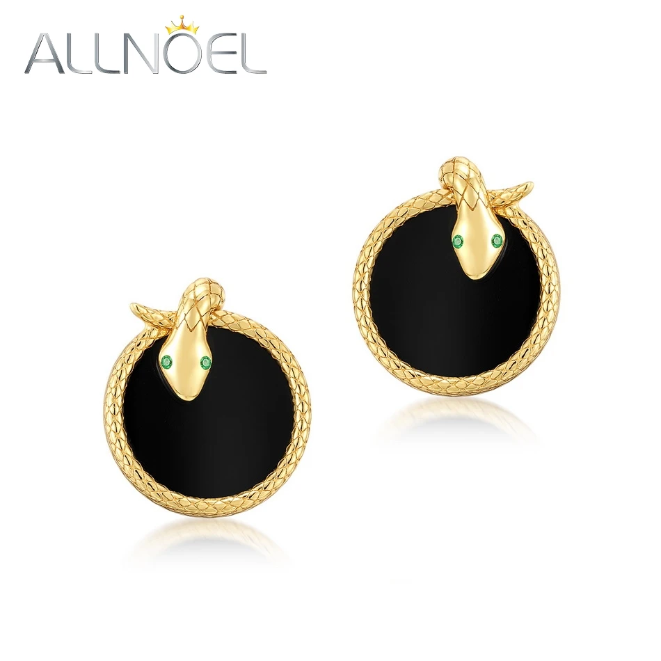 ALLNOEL Natural Black Onyx Snake Stud Earrings 925 Sterling Sliver For Women Green Zircon Animal Original Chic Gift Fine Jewelry