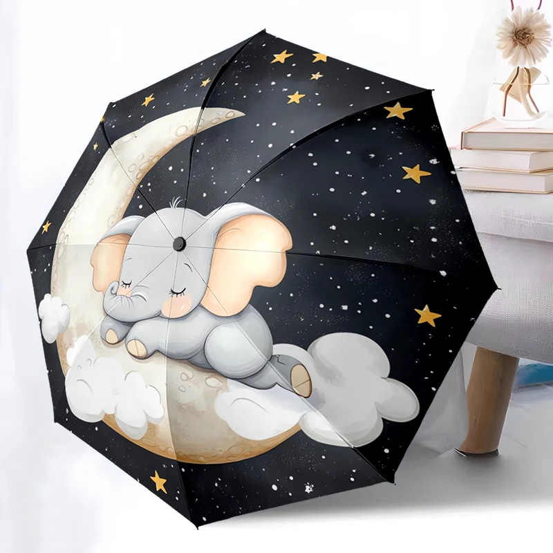Cartoon Elephant Painting Folding Umbrella Auto-Open Design 8 Iron Ribs Plastic Handle Foldable Sunshade Perfect Christmas Gifts