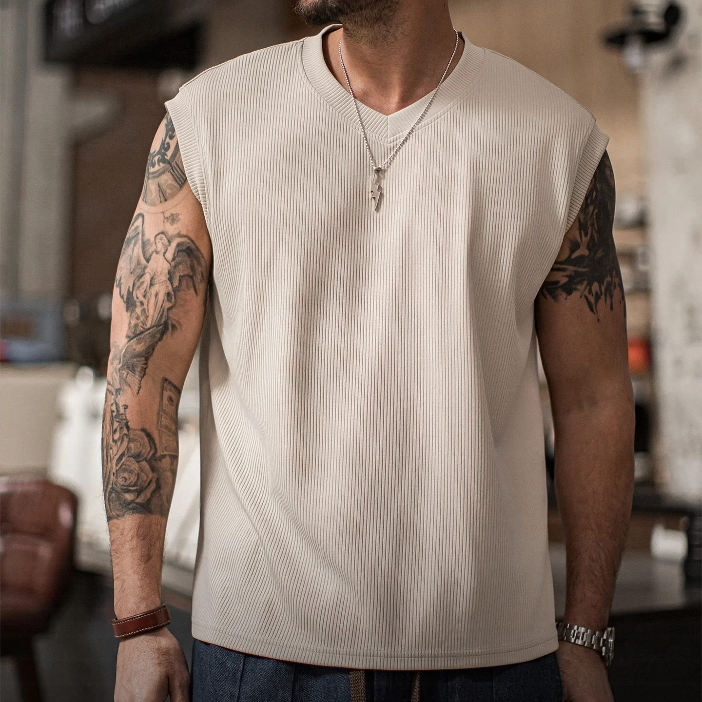 Maden Summer Casual Men's Sleeveless Tank Top Ribbed V-Neck Retro Workwear Solid Color Heavyweight Training Sports Shirt