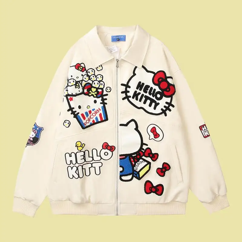 

2025 New Retro Cartoon Embroidery Lapel Jacket Hello Kitty Men Women Autumn Winter Loose Casual Versatile Couple Leather Jacket