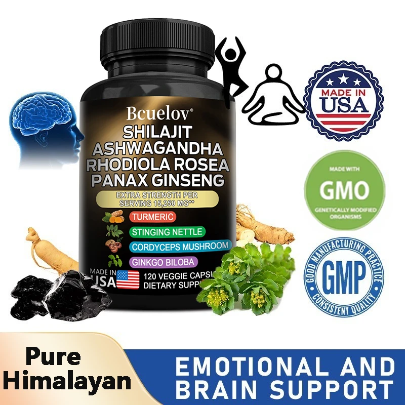 Shilajit Pure Himalayan with Ashwagandha, Rhodiola, Ginseng, Men & Women Supplement - Brain, Energy, Joints, Immunity