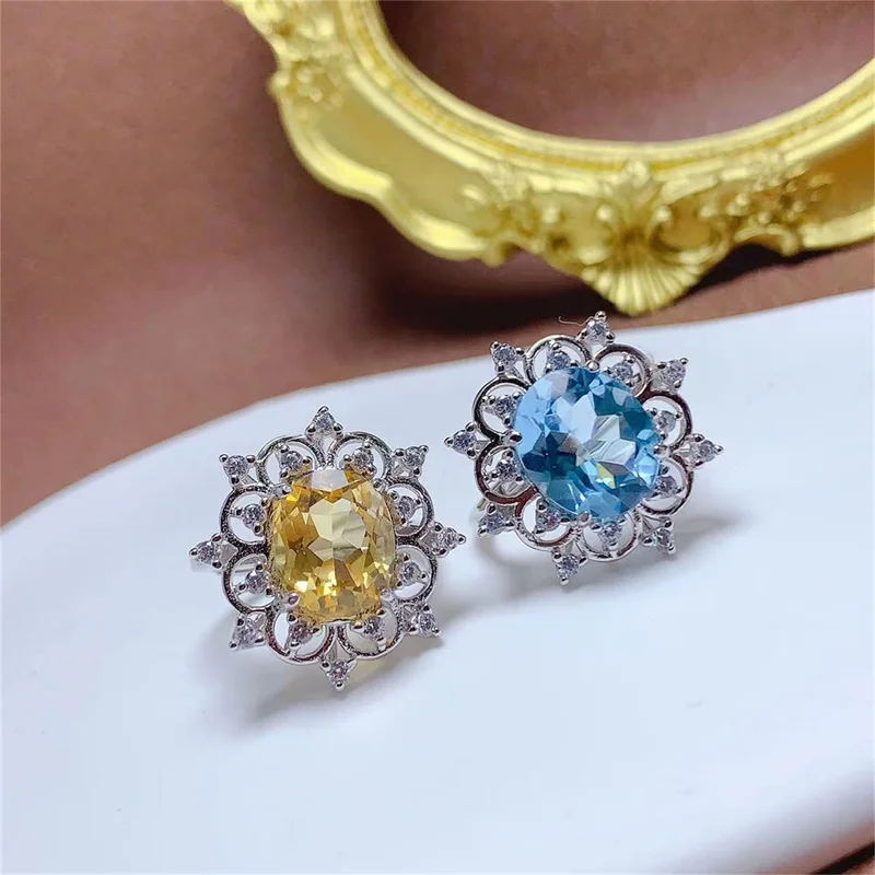 

Ring Authentic Real 925 Original Silver Natural Big Blue Topaz Citrine Ring for Women Birthday Christmas Gift with Certificate