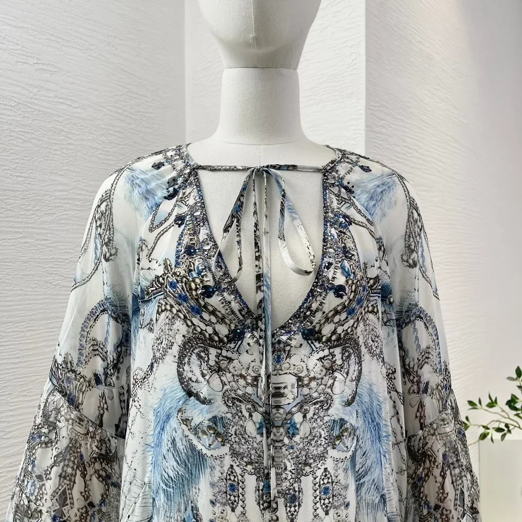 Mini robe à manches longues et col en V profond pour femme, bleu clair, blanc, imprimé floral, diamants, fête de vacances, nouveau, été, 2024