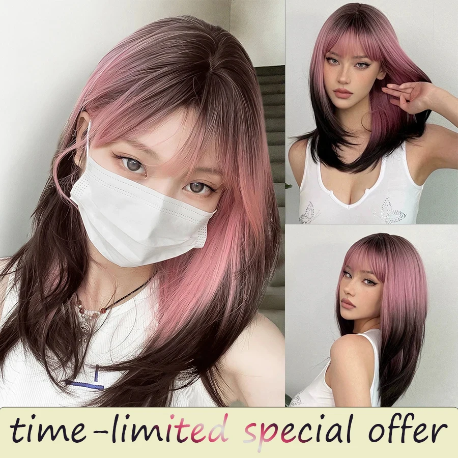 

Black Pink Ombre Synthetic Wigs for Cosplay Long Straight Layered Wigs with Bangs for Women Heat Resistant Fake Hair.