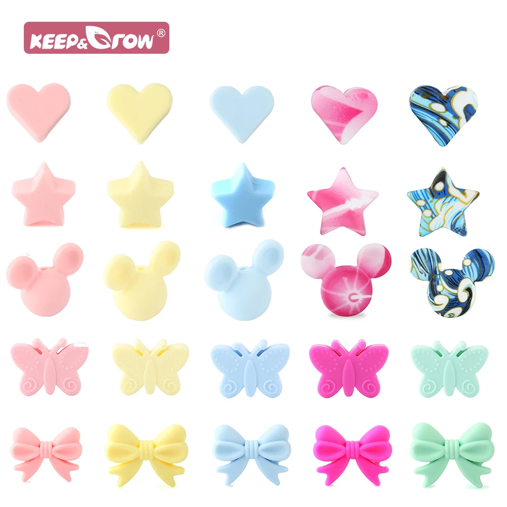 10pcs Star /Bowknot Silicone Beads DIY Pacifier Necklace Teething Cute Shaped Silicone teether Holder Accessories