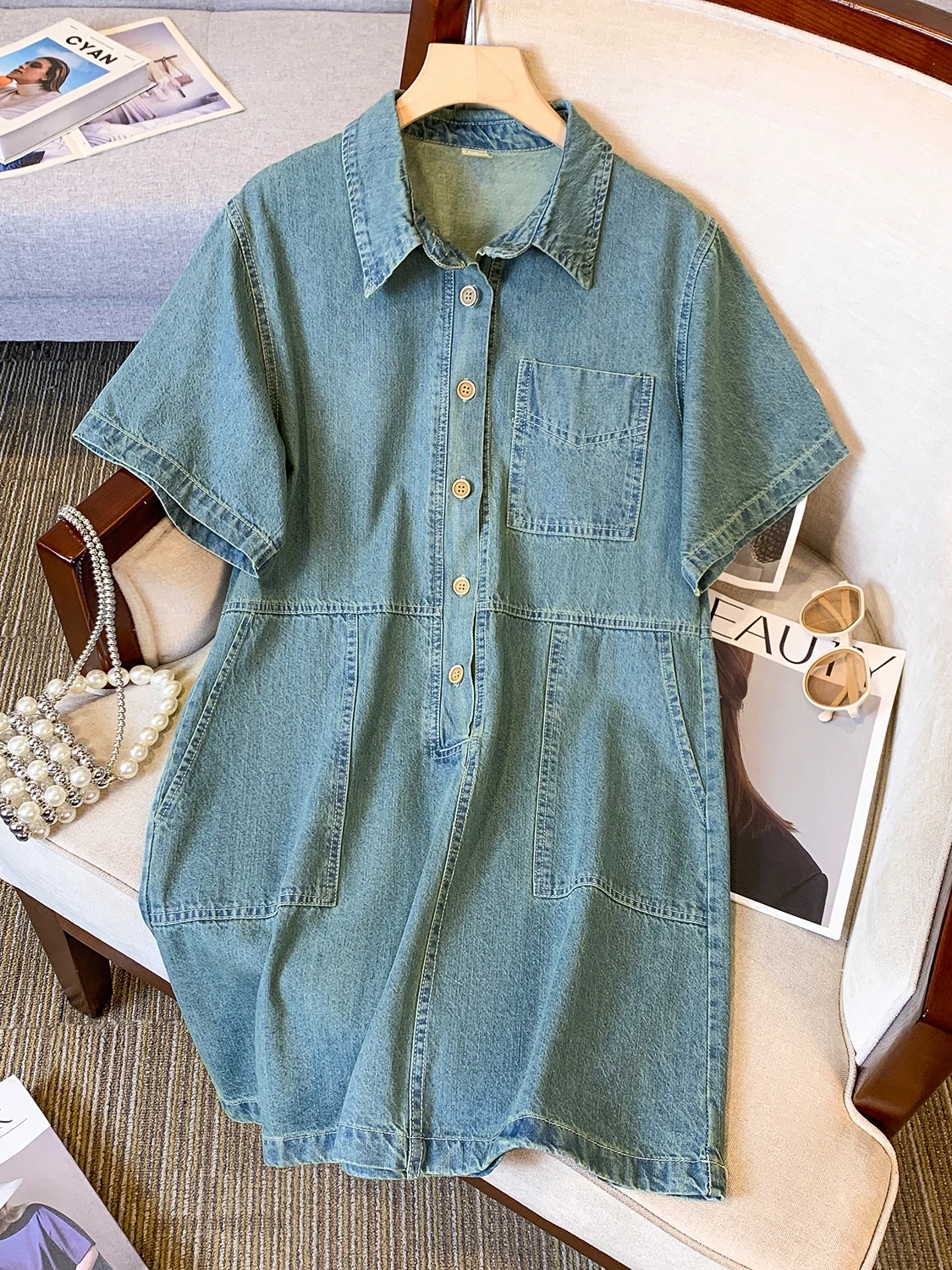 Estate delle nuove donne Denim Dr Loose Fit di media lunghezza ort-Sve Casual Versatile Vita alta A-Line Coreano Sle Dr
