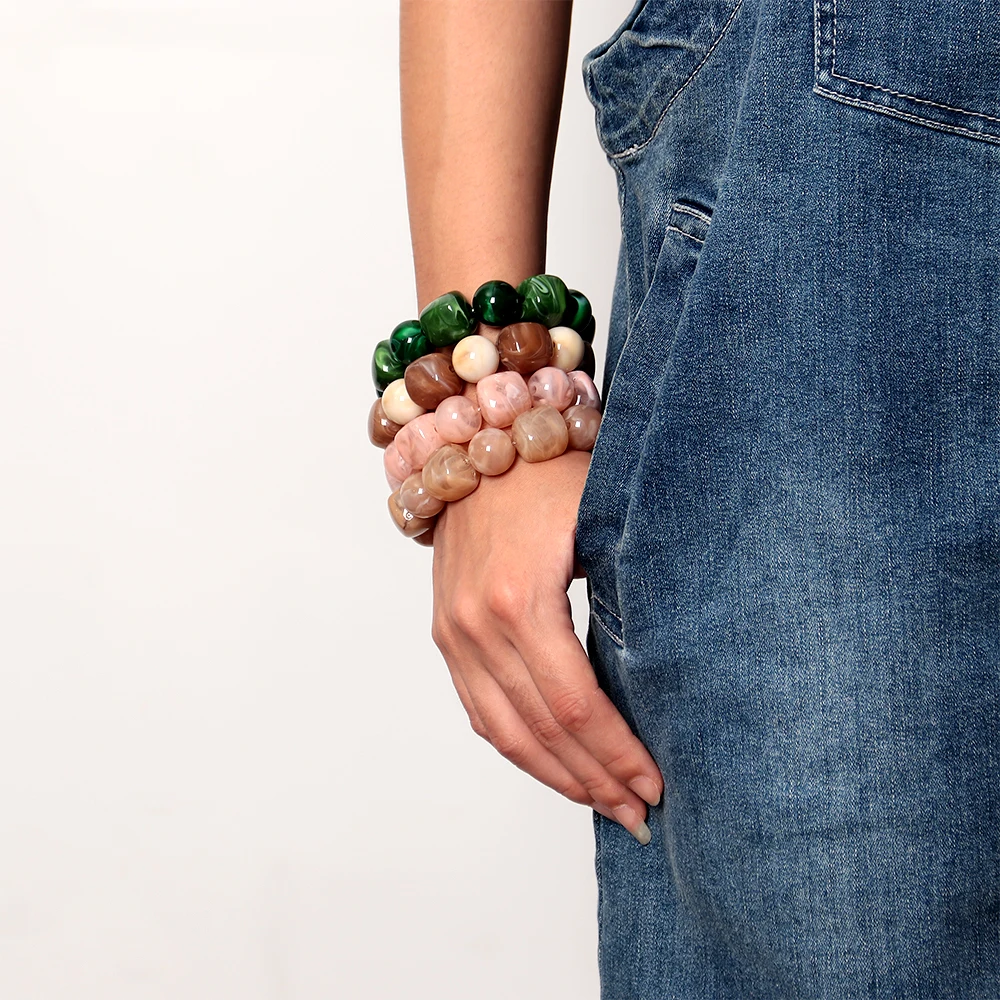 Bohemian Acryl Geometrische Quadratische Runde Perlen Elastische Armbänder für Frauen Trendy Harz Perlen Stapelbare Armband Armreif Schmuck – Detail 5