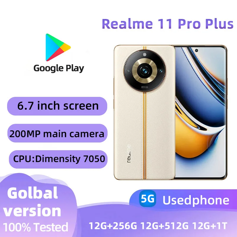 Realme 11 Pro Plus 5G 글로벌 버전 Mtk Dimensity 7050 6nm CPU 6.7" 120Hz FHD+ 200MP OIS 12GB RAM 1TB 스토리지 중고 휴대폰