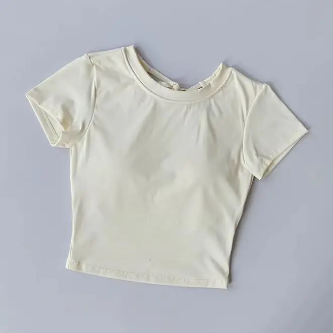 Women Summer Back Cutout Yoga Top Built In Fixed Chest Pad Sports T Shirt Slim Fit Running Training Pilates Fitness Tee