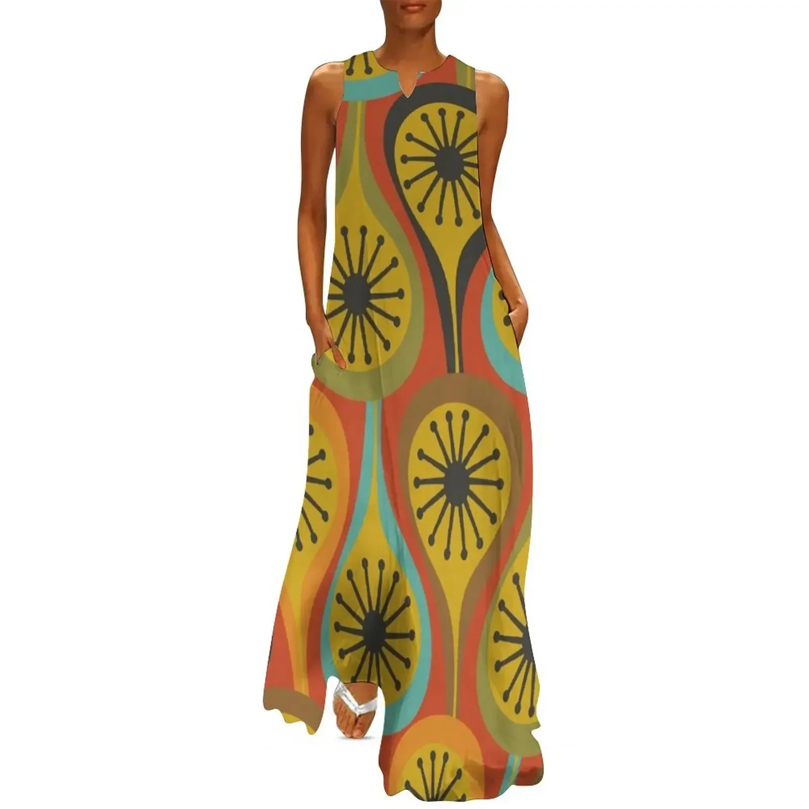 

Mid Century Modern Atomic Drops Retro Pattern Burnt Orange Avocado Mustard Brown Turquoise Charcoal Long Dress
