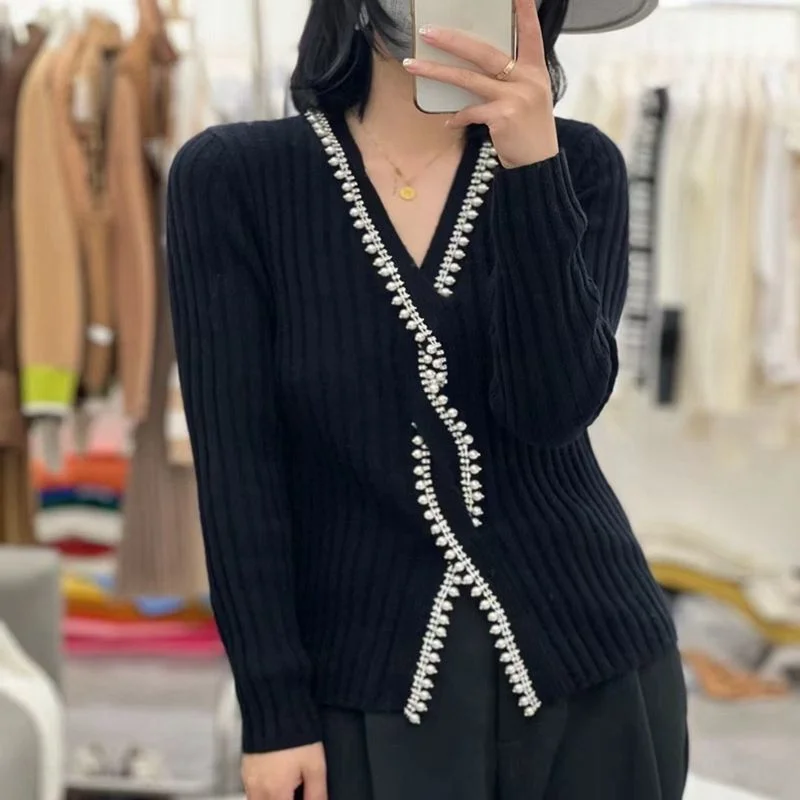 

Элегантный свитер, небольшой пуловер с v-образным вырезом и бисером для женщин