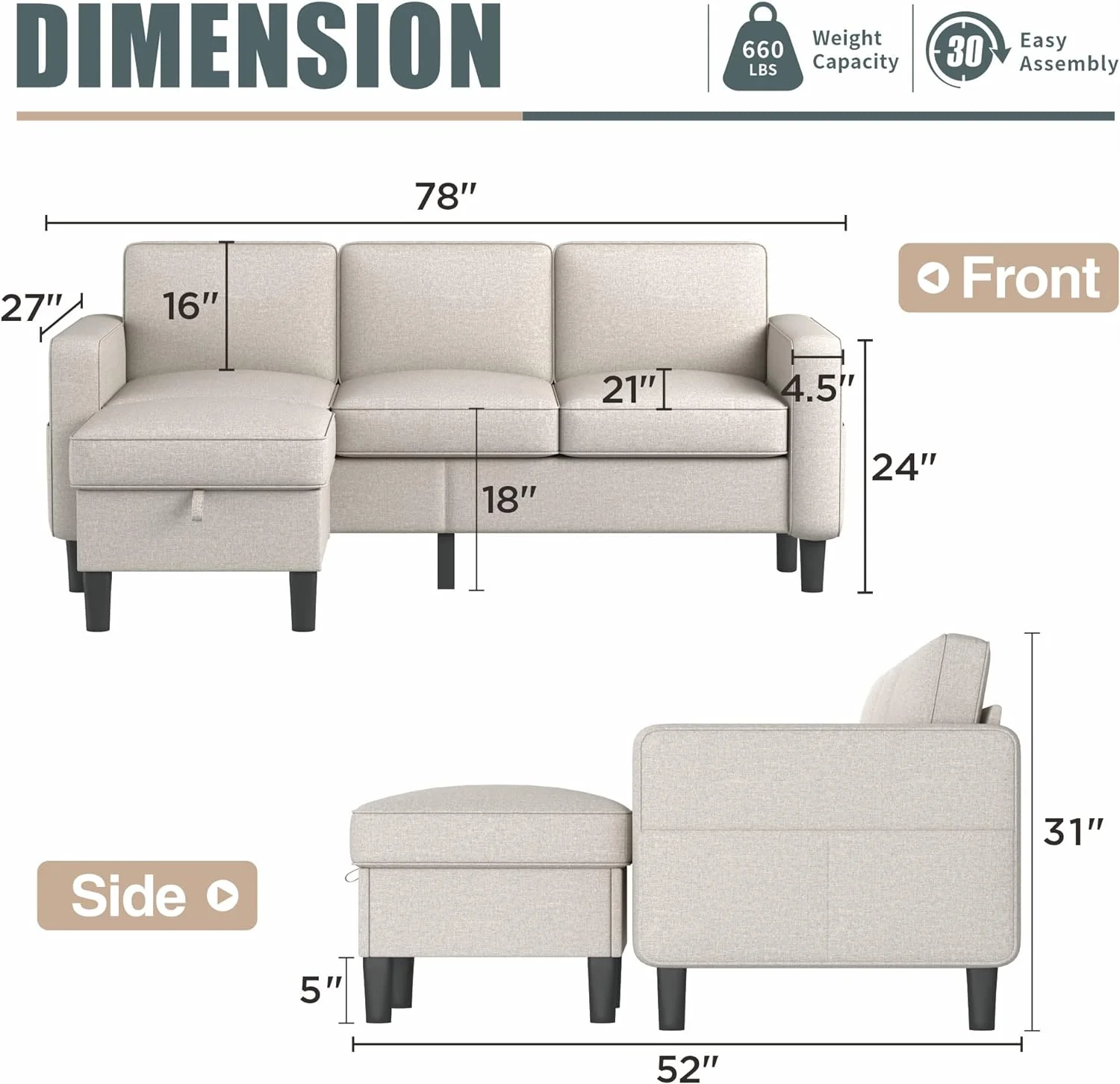 Small Sectional Sofa,Convertible L-Shaped Couch w/ Reversible Storage Chaise & Side Pockets, 3-Seat Modular Sofa,Multiple Colors