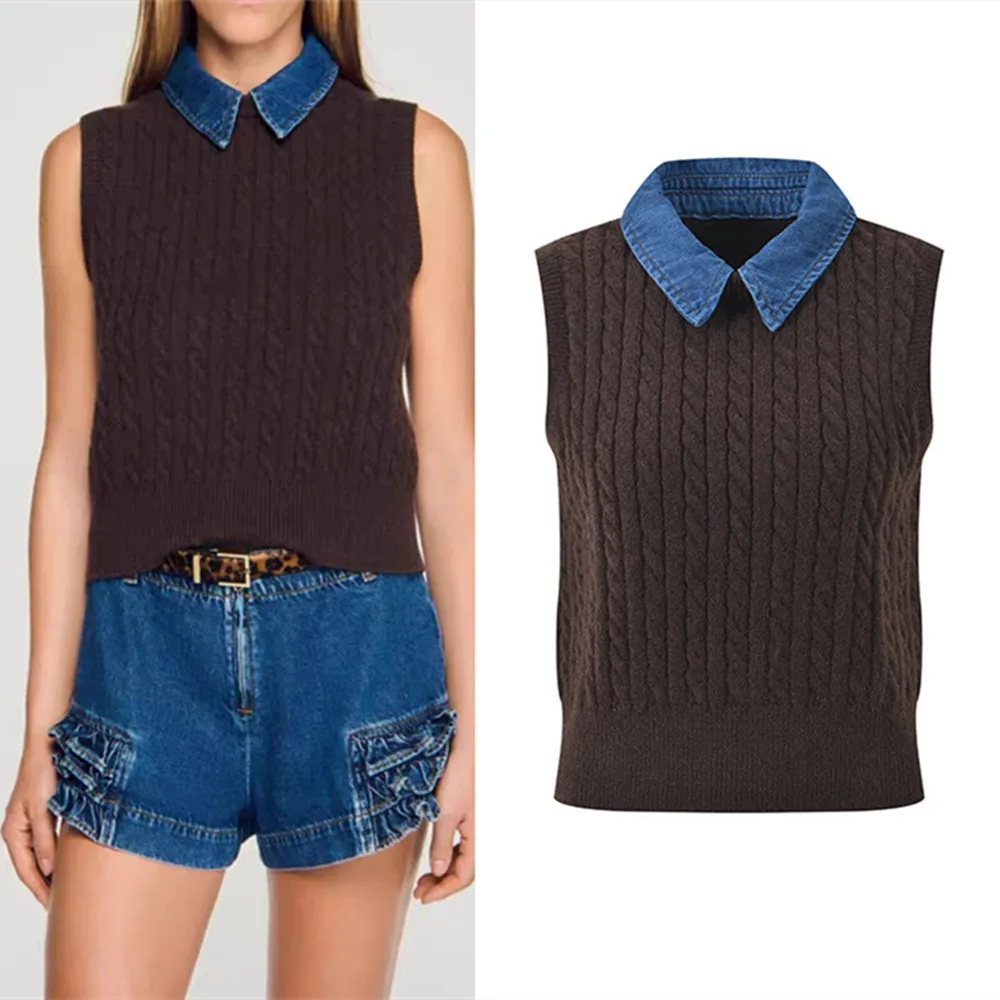 

High-End Version Autumn Winter Brown Denim Patchwork Collarl Vest Knitted Top Women's Faion Simple Sle No-Sve Knitwear