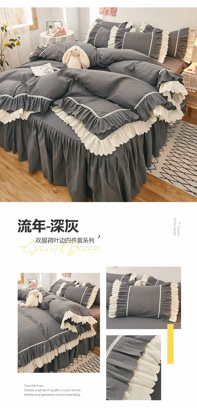 Rosa Spitze Rüschen Bettwäsche Set Luxus Bett Rock Blatt Tagesdecke Koreanische Bettbezug Mädchen Prinzessin Bettdecke Kissenbezüge – Detail 24
