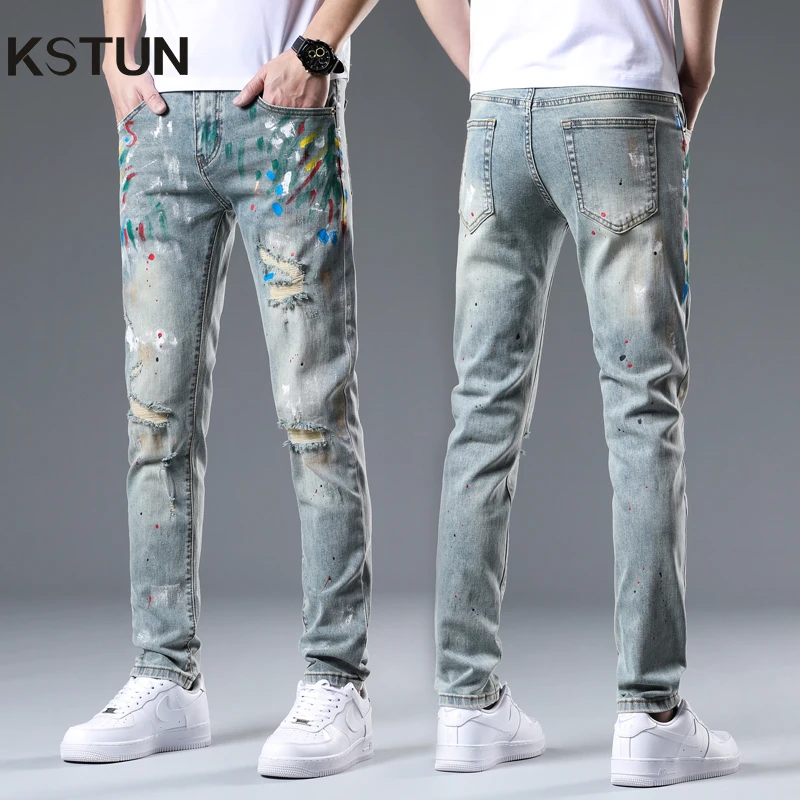 

KSTUN Men's Ripped Jeans Stretch Distressed Slim Skinny Casual Denim Pants Frayed Streetwear Patchwork Vintage Painting Desinger